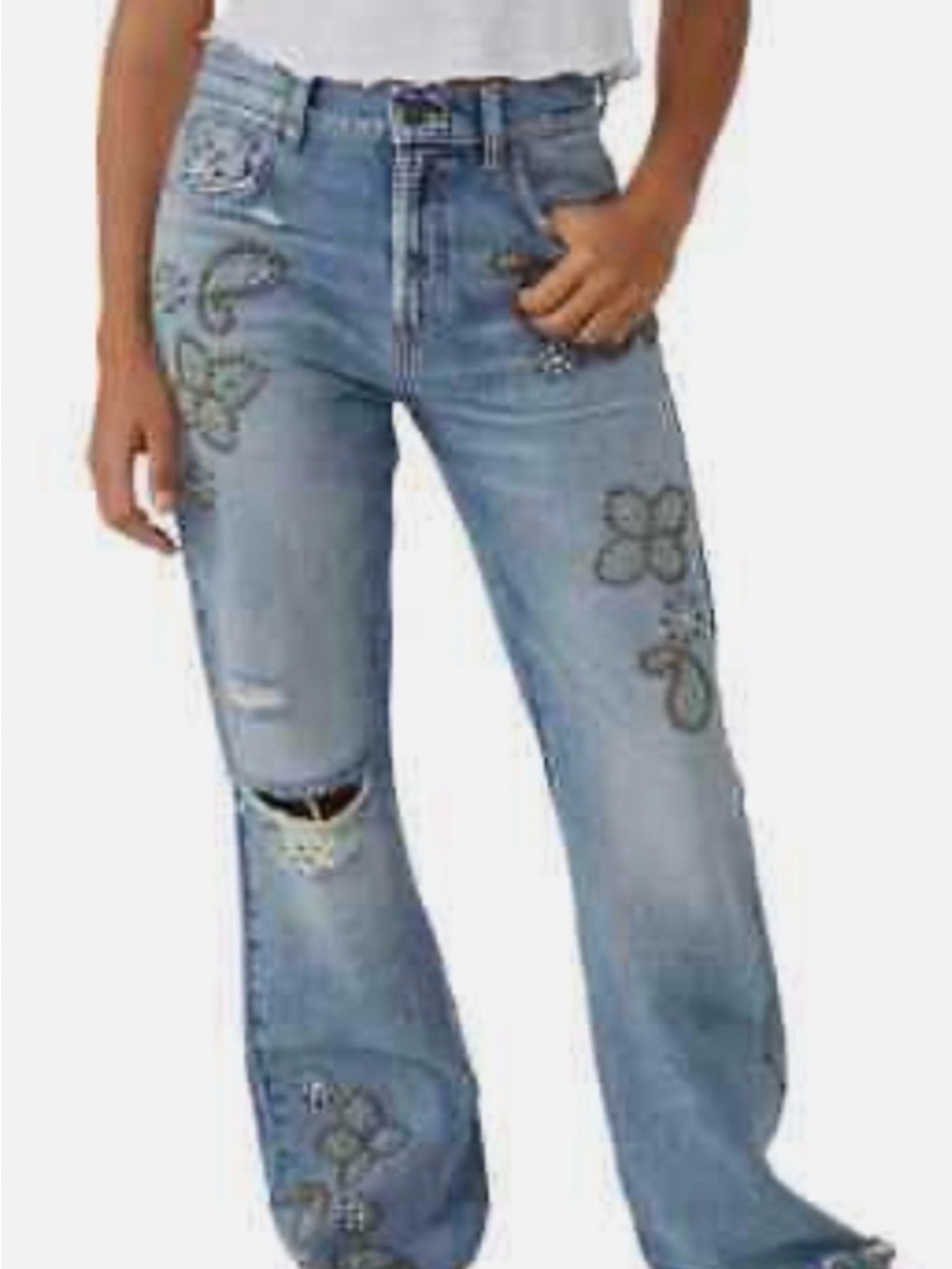 Free People Light Blue Embellished Slim Flare Jeans